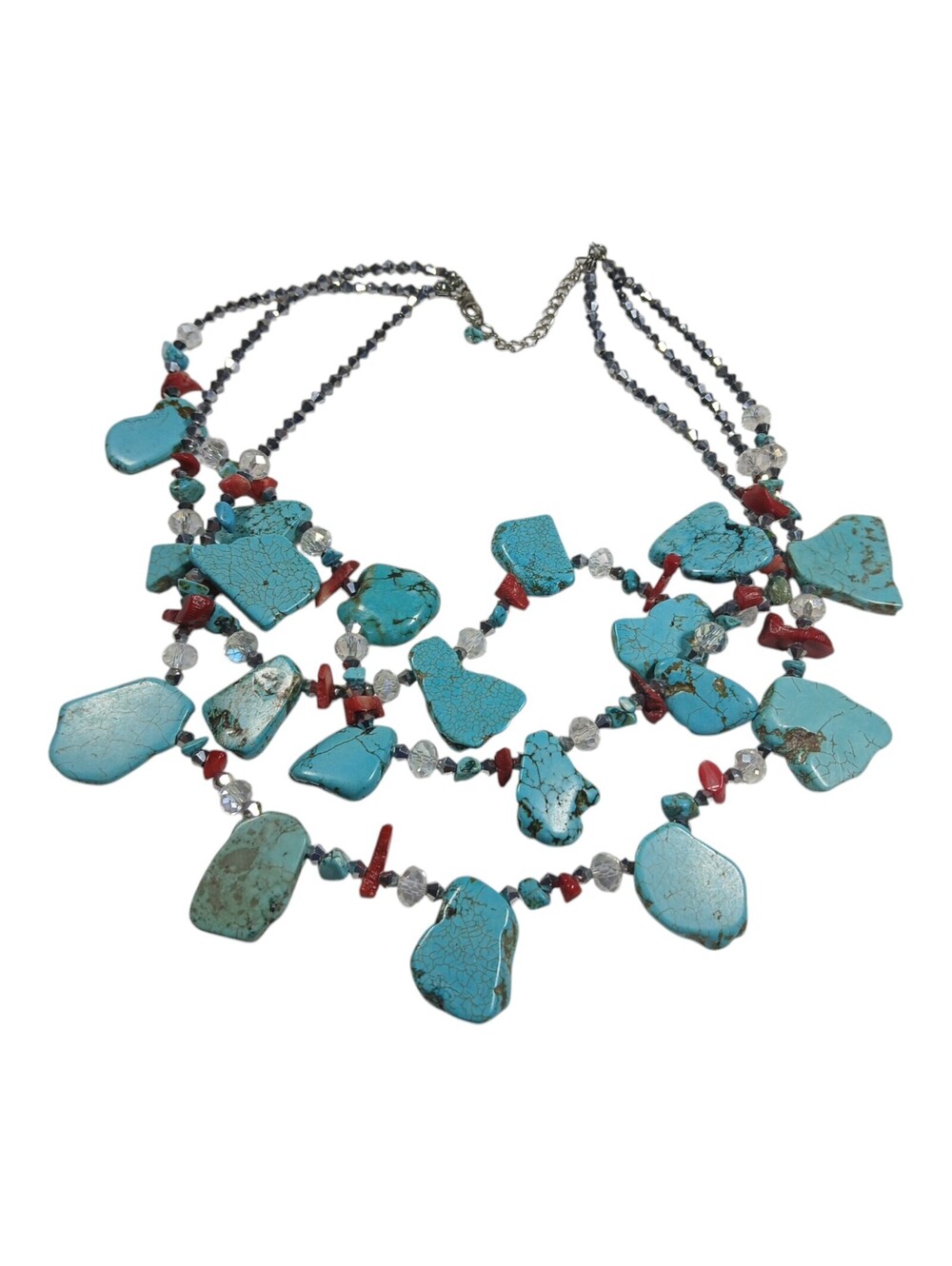 Howlite Turquoise Slab Statement Necklace 3 strand Aurora Borealis Beads Coral